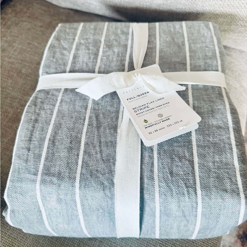 Pottery Barn Belgian Flax Linen Stripe Duvet Cover